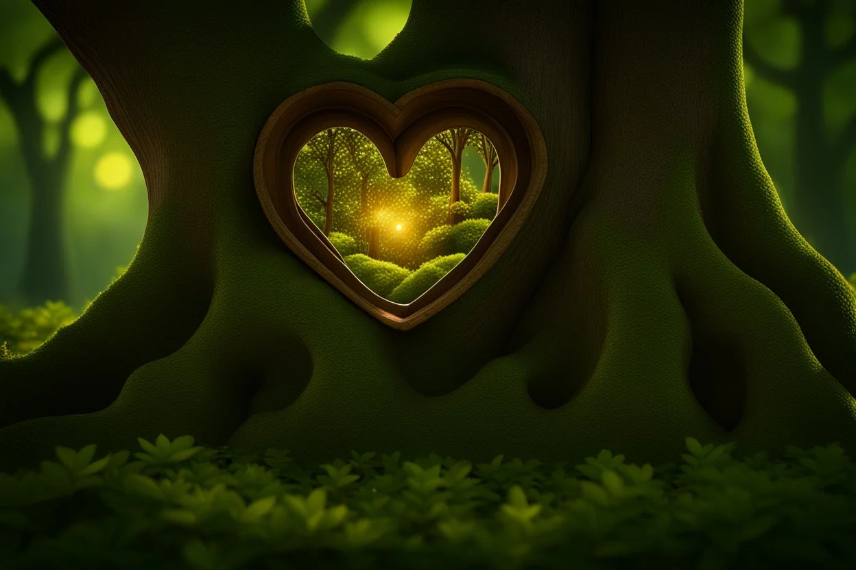 Loveheart-shaped_tree, fairies_living_freely_inside_the_tree's_heart, small _fairy_village_lit_by_fireflies, insanely_detailed, photorealistic, beautiful_light_and_shadows, peaceful, a_magical_fairytale Modifiers: Nikon D850 digital painting elegant dof extremely detailed Award winning photography fantasy studio lighting intricate 8k oil on canvas cinematic lighting photorealistic dynamic lighting award winning fantastic view close up hyperrealistic ultra detailed 4K 3D crisp quality Unreal Engi