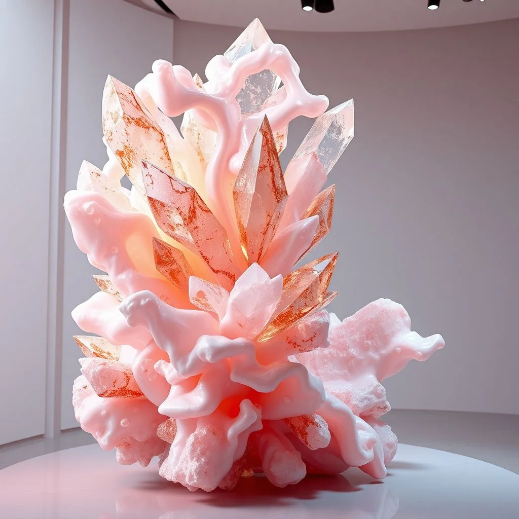 Ultra-detailed surreal biomorphic 3D gallery sculpture of flowing organic forms crystallizing into rose quartz and champagne diamond structures, soft pink and warm golden tones, silky translucent membranes, elegant museum installation lighting, cinematic composition, Octane render, 8k, luxury fine art aesthetic