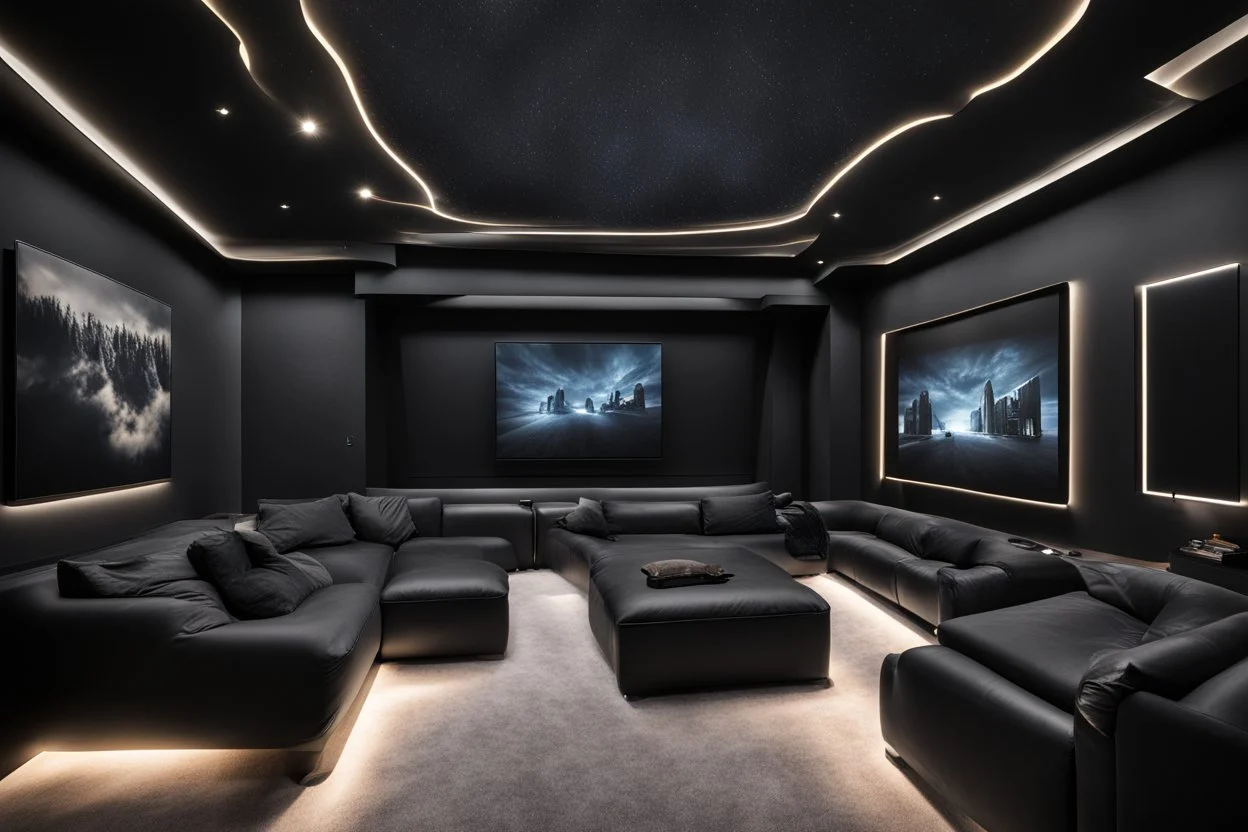 a black themed dedicated home cinema room with LED ambient lighting in the walls make sure the room is completely symmetrical