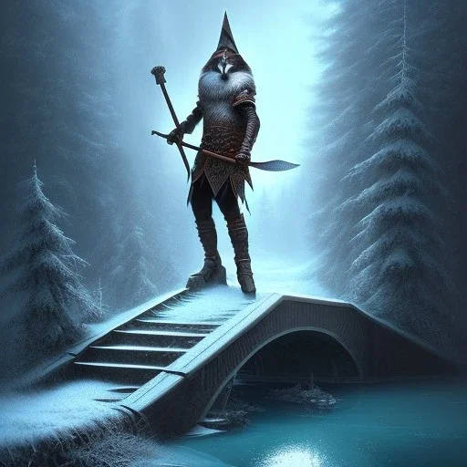 fantasy art, book cover, upper body of wizard with an axe in hand, in front of the ebony stairs of a bridge or dam ,icy water, there is also a hawk sitting on his shoulder