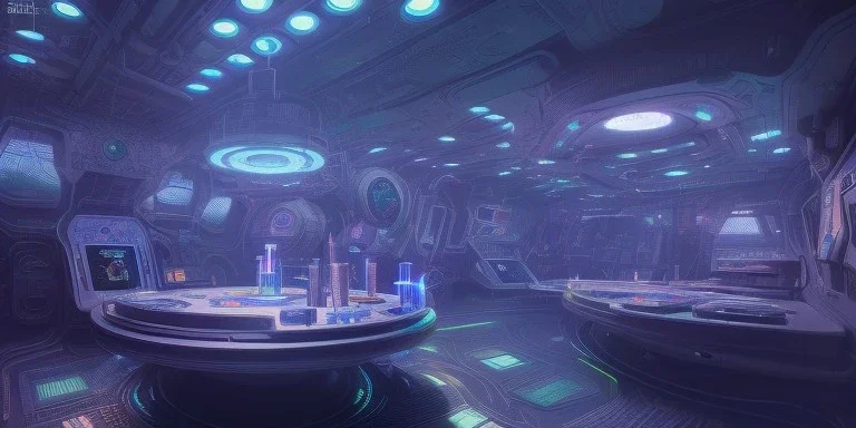 Spaceship indoor, ultra realistic, intricate details, ultra highly detailed, shiny, smooth, studio quality, octane render, Surrealism, Triadic colour scheme,glow-stick, ambient lighting,nightclub lighting, polaroid, 100mm, --ar 1:1 --v4