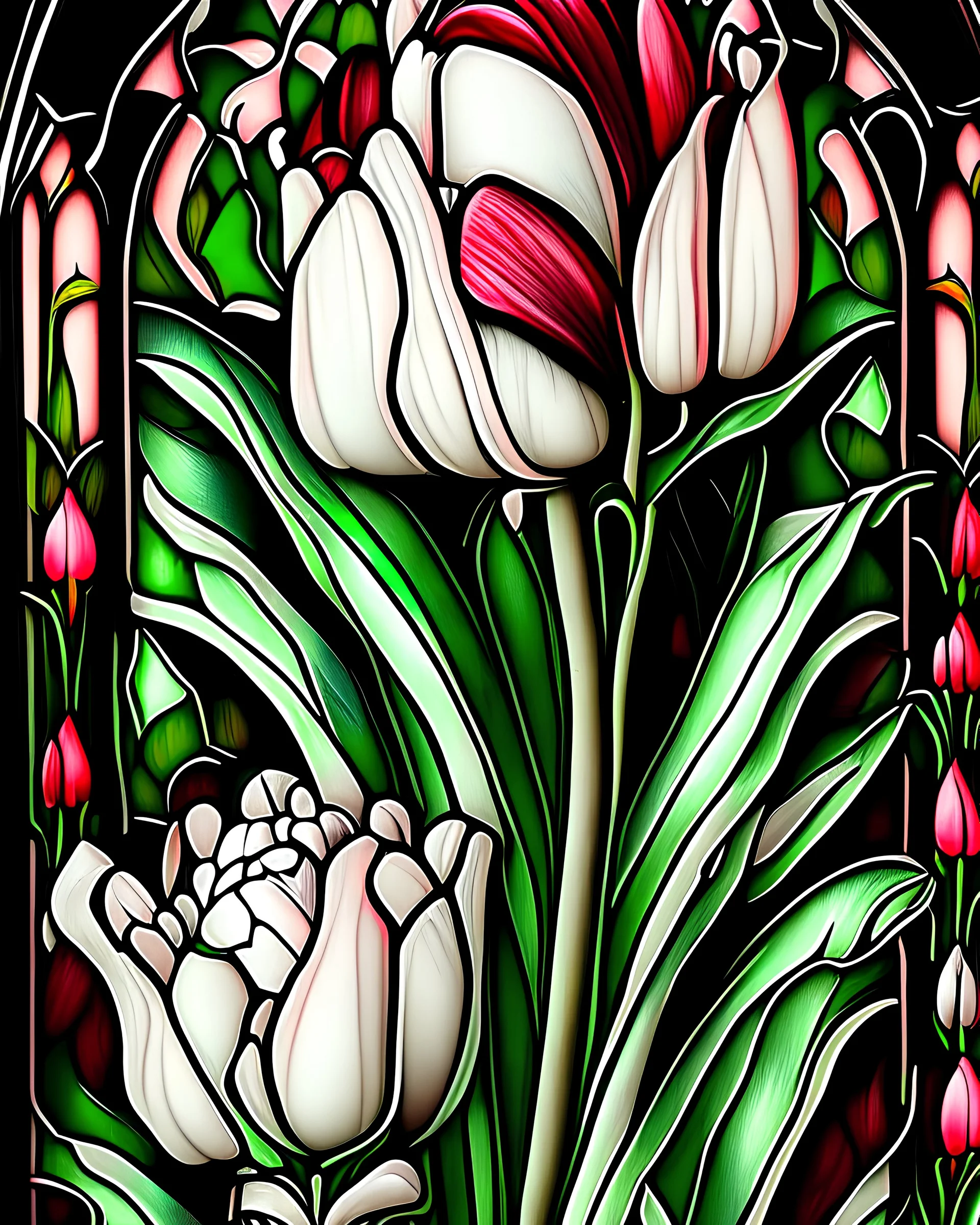 Beautiful venetian tulip flower eshamqnismessed qnd masqued black tulips qnd green tulips qnd white tulips embossed c carnival style pink qnd white qnd red qnd green botanical irridescent tulips flowerb l patterned stained Glass masque baroque bioluminescense white and geen tulips leqves botqnical and black tulip flowers ár pearl art voidcore woman portrait, adorned with black and light green baroque venetian flowers tulips leqves headress ribbed with white quartz and dqr deep pink qnd gree