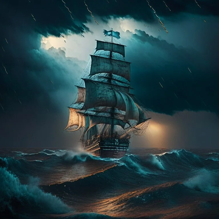 transatlantic ship in the middle of a storm at sea, Victorian era, Americana, Night with Moonshine, Black storm clouds in background, Stormy sky with rain and thunder, Stormy ocean, Ominous stormy sky background, (((Earthy and natural color palette)))