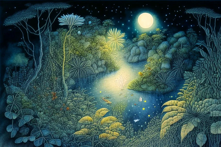 Rainforest, top view, flora and fauna in the light from a full moon, rocks, water, amazing night sky, glowing flowers, vines, large stars, island, ruin, fog, dawn, reflection, Jacek Yerka, Dominic Davison in sunshine smooth intricate high definition pencil sketch watercolor polished