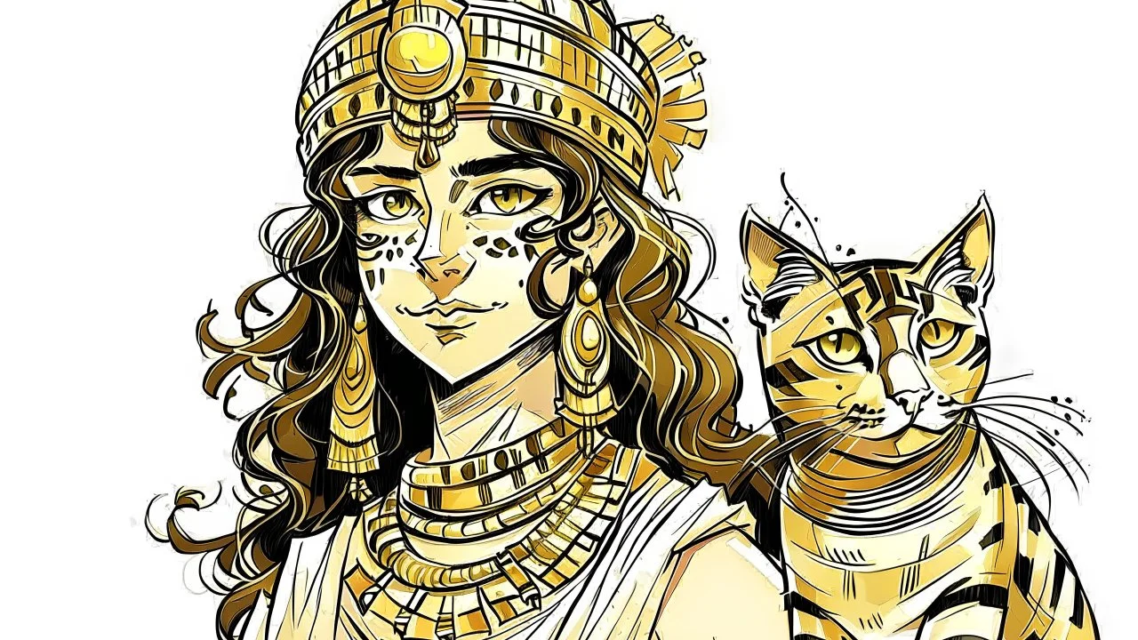 Illustrate a girl with a cat-like face and Cleopatra-style attire against a white background, using a Paleolithic art style.