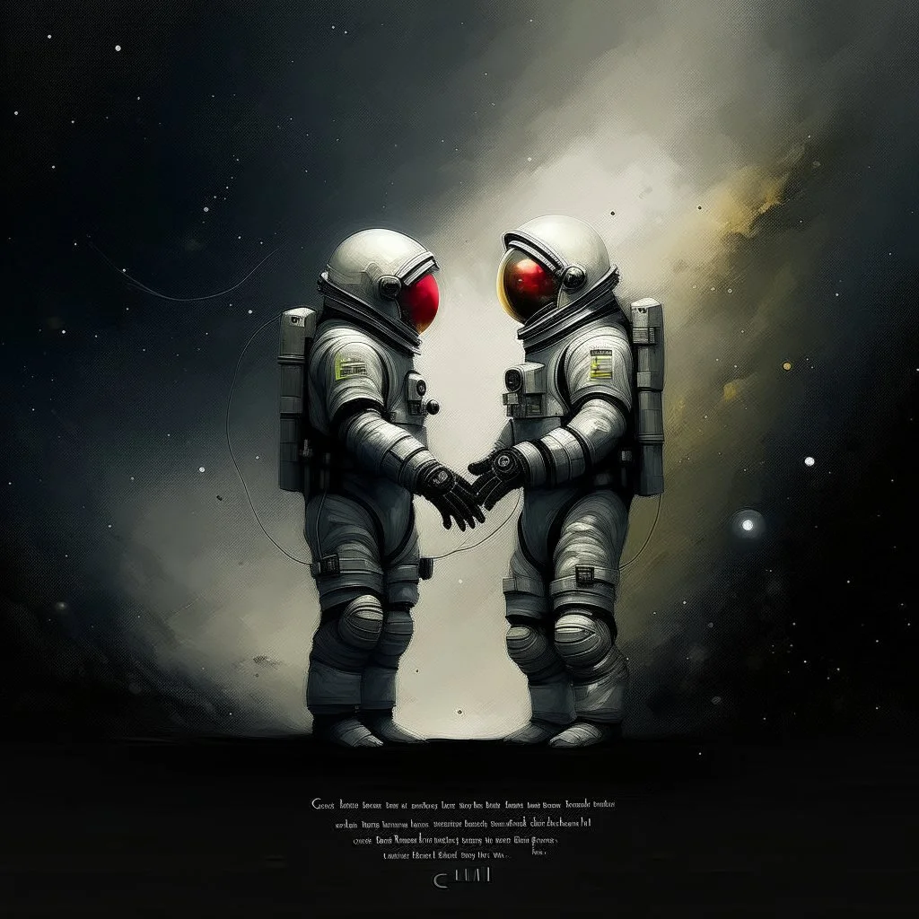 'Cause you and I will be like a couple of cosmonauts Except with way more gravity than when we started off" minimalisric surreal space composition Modifiers: oil on canvas surreal Mixed Media mysterious Impressionism heavy brushstrokes Jamie Heiden Gayane Khachaturian arbitrary colour alteration dmt puff mild exorcism Squeak Carnwath Bif Inc.™