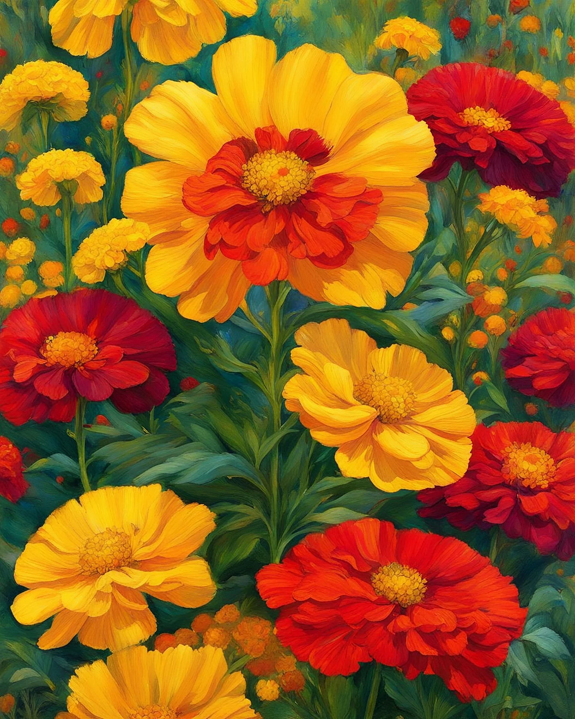 ideal image optimization, the best lush Tagetes erecta red result, Create stunning summer flowers art combining Gustav Klimt's intricate style with Pierre-Auguste Renoir's vibrant brushstrokes. Use alcohol ink splatter for dynamic elements. Aim for hyper-detailed super realism in 8K, with bright neon colors and gold accents, capturing a radiant summer day. Add an Art Nouveau aesthetic to enhance elegance and sophistication of this award-winning Masterpiece.