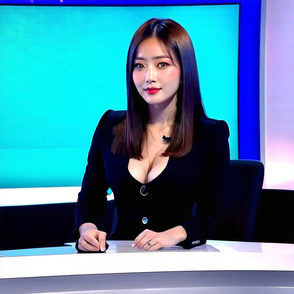 amodern tv studio a beautiful girl perfect face sitting next to desk in talk show looking at camera