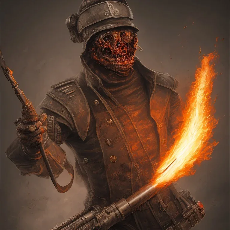 fantassin zombie utilise lance flammes dans paris, yeux rouges, casque militaire steampunk, paris, stade de france