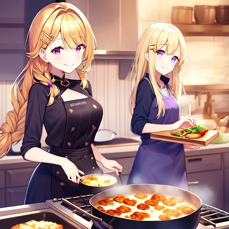 girl, masterpiece, best quality, volumetric lighting, detailed outfit, perfect eyes, golden hair, long hair, purple eyes, braided ponytail, smile, cooking, food, hairclip,