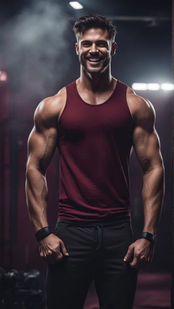 Hyper Realistic handsome muscular man in maroon-patterened-black-tank-top giving ATTRACTIVE-SMILE in a dark gym full of maroon-fog at night showing dramatic & cinematic ambiance