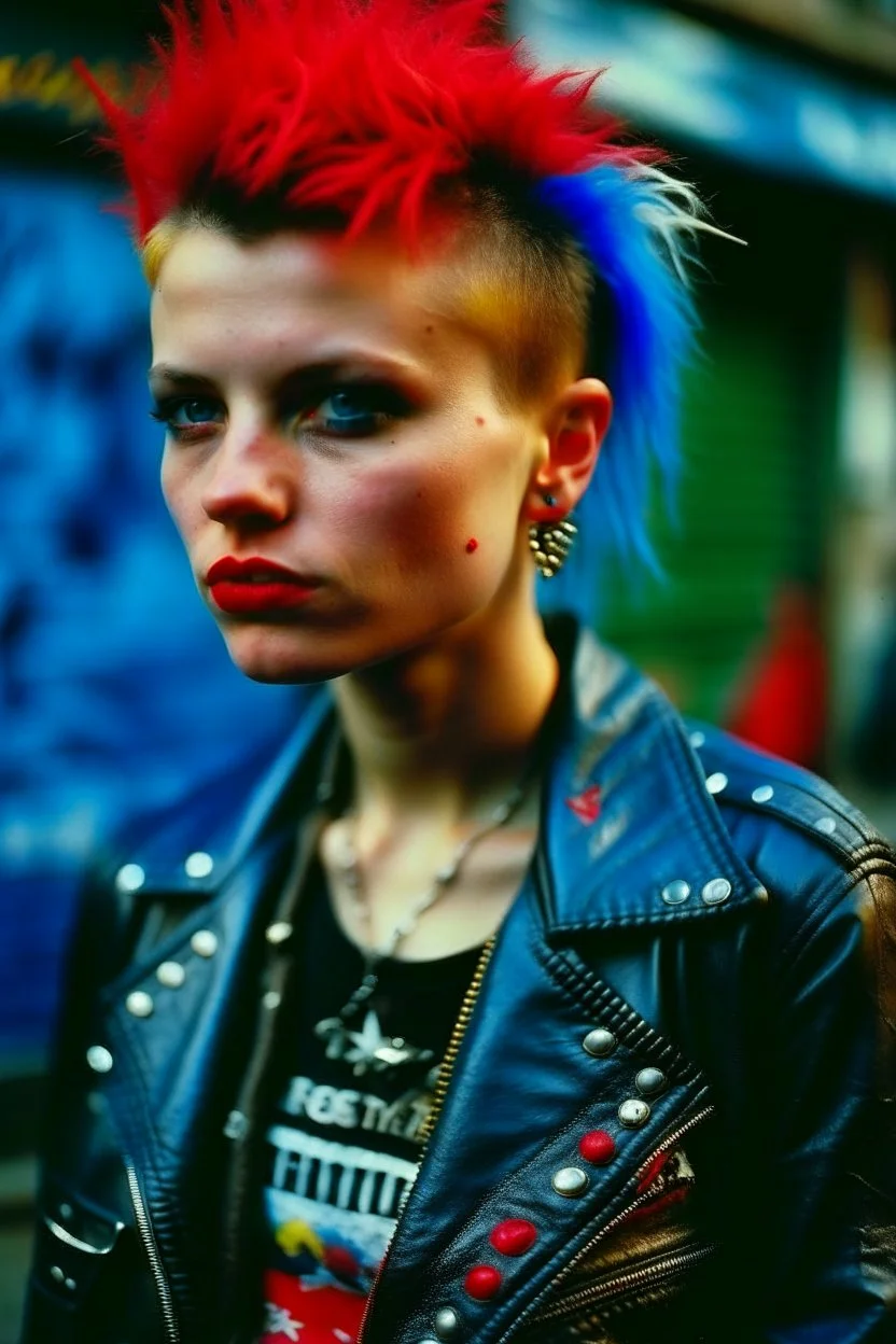 photo of a beautiful Polish young punk woman taken by a Mamiya M645 camera with portrait lens on colour medium-format film, red lips, blue eyes, red mohawk, black leather jacket, Ramones style, heavy boots, fishnet stockings, torn t-shirt, nosering, few earrings, belly ring