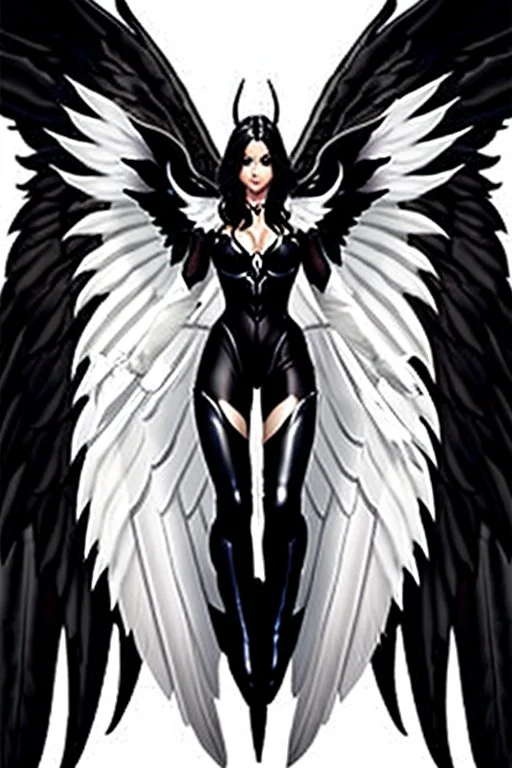 angel, demon, angel demon hybrid, half angel, half demon, black angel wings, white demon wings, black and white, balance, horns, armor, noble clothes, black and white armor, black and white clothes