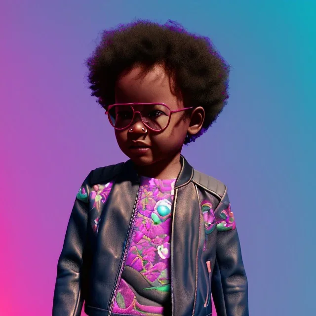 Zaire beetz toddler, full body, leather jacket, floral shirt, floral skirt, Nike sneaker, soft skin, city background, dramatic lighting, hyper realistic