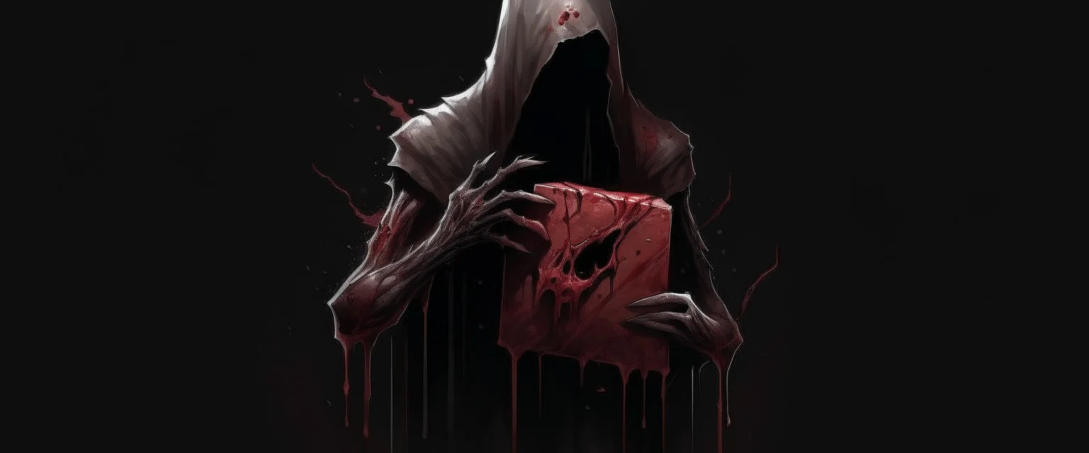 a faceless creature covered in blood holding up an empty black box