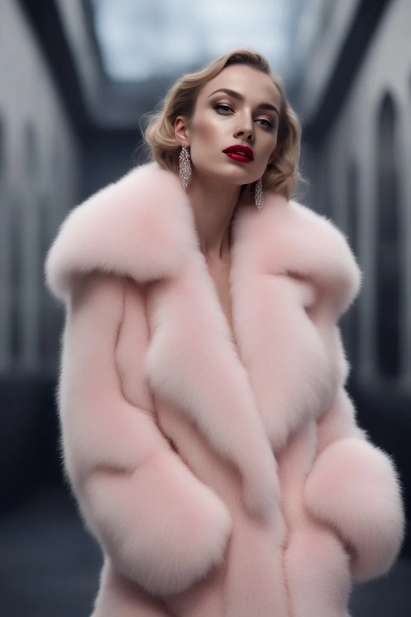 Minimalistic portrait of a beautiful woman with red lips and cold big eyes wearing earrings, a light pink fur coat in a haute couture style isolated on a dark background, cinematic lighting, ultra-realistic, shot in the style of hasselblad