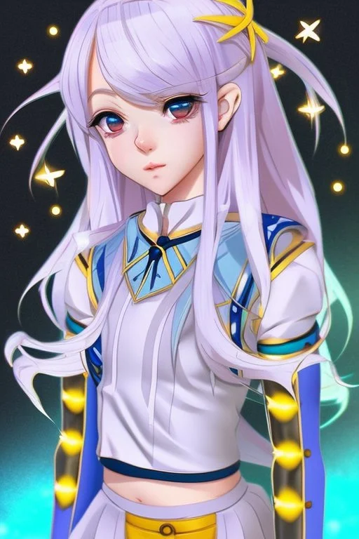 The girl should be a young and energetic anime character, with light-colored hair (such as blonde or silver) styled in a playful way. She should have bright and expressive eyes, maybe with a hint of mischief or curiosity. Her outfit can be inspired by the colors and symbols of the Gemini zodiac sign, with a mix of blue, yellow, and white, and some dualistic motifs such as two butterflies, birds, or stars.