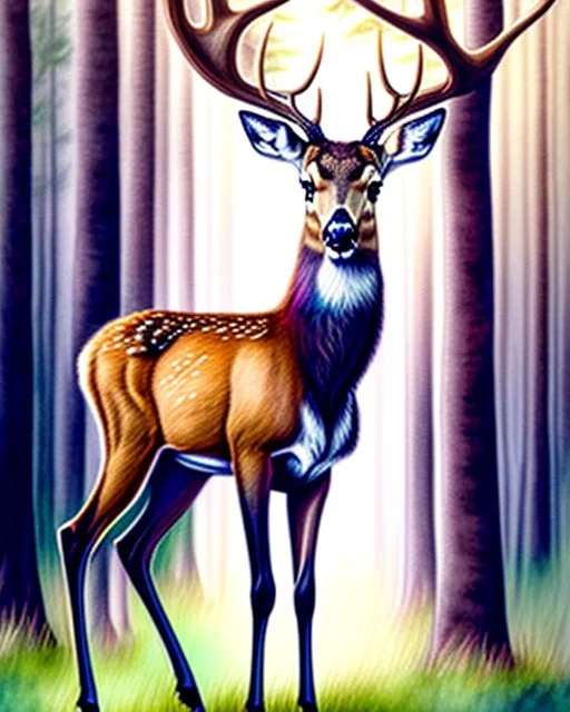 deer with antlers standing sideways, looking at viewer, realistic water color painted, among light colored tall simplified tree trunks, foggy, Easter Spring pastel colors, colorful, dark background