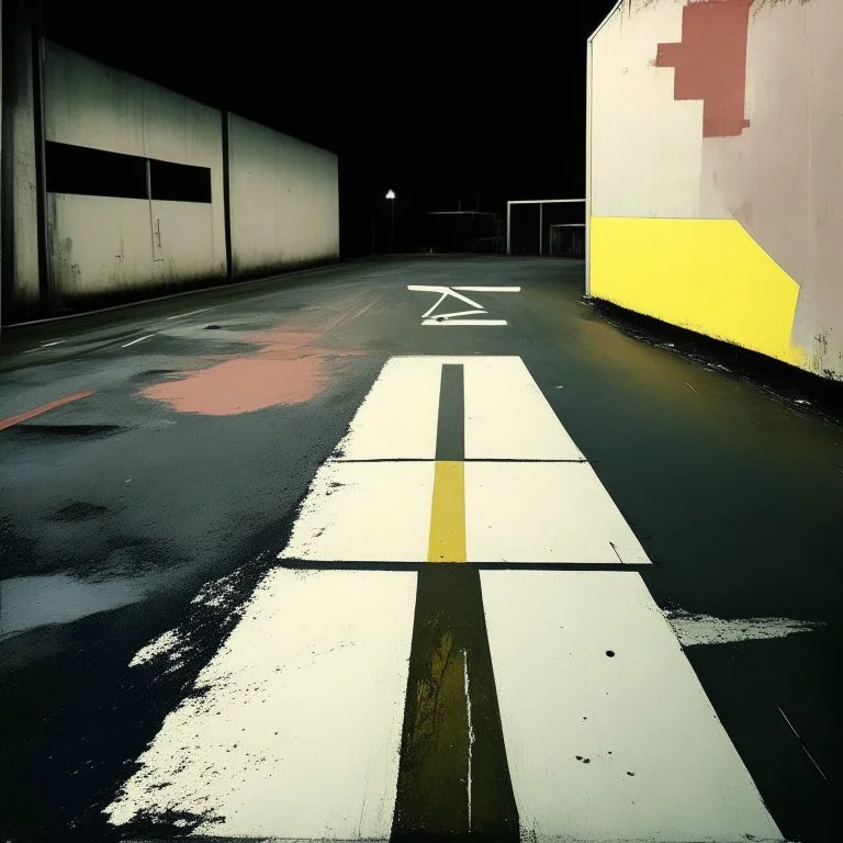 Minimal contemporary abstract oil paintings of a dirty desolate 1960s carpark with road markings and concrete fragments. style of Justin Mortimer and Francis Bacon.