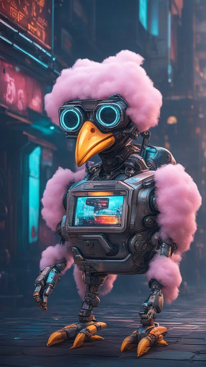 CHICKEN robot made of cotton candy, sci-fi, cyberpunk, full body, ultra realistic, virtual reality, cyberpunk city and colors