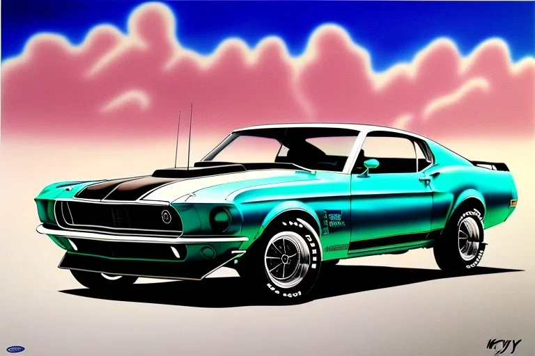 a true-to-life 1969 Ford Mustang Boss 302, centered, intricate, extreme detailed, photorealism, center view, city background, pivot on ford, pen and color marker, painting by cheryl kelley