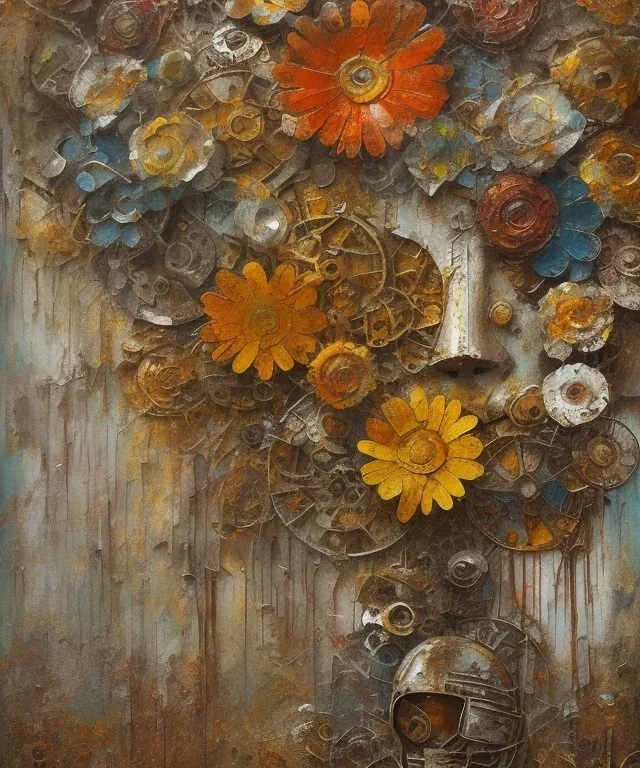  an abstract painting of rusted metal and flowers, african portrait, rust, scaffolding, iron cladding, decay, mixed media, textured, anatomically correct, beautiful perfect face, sharp focus, highly detailed, injured face