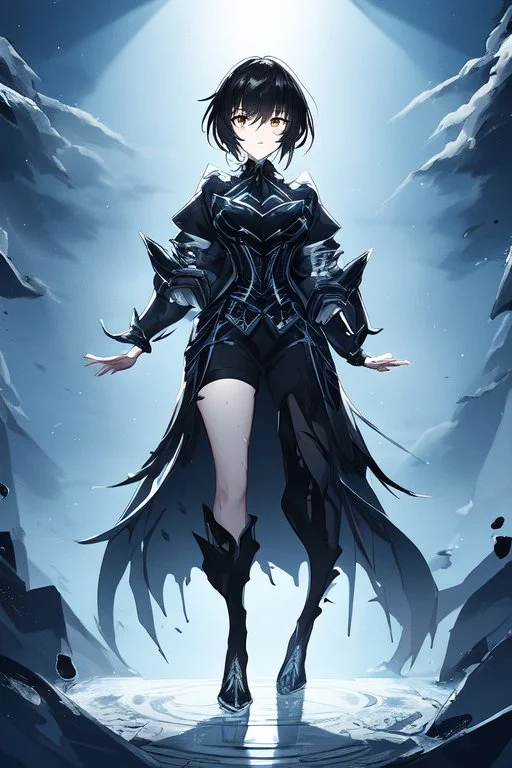 Anime girl with short black hair and sharp green eyes, holding a pike, full body black and white metal plate armour, full body shot, Dramatic lighting,1woman, soaked in blood, standing pose, close shot, lean body,