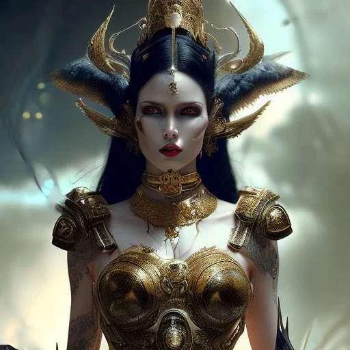 Corrupted priestess, beautiful face, walking, dark hair, yellow eyes with black sclera, tears, running makeup, leather, body tattoos, body piercings, dark fantasy, art by luis royo and greg rutkowski, portrait shot, concept art, insane detail, ray tracing, photorealism, 8k, octane render, frostbite, depth of field, backlight