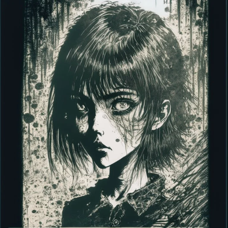 create a disturbing horror full body pen and ink sketch of a dark haired, savage, gothpunk vampire girl with highly detailed , sharply defined hair and facial features, in a dark, otherworldly London in the style of Junji Ito, precisely drawn, inked, with dramatic edges,