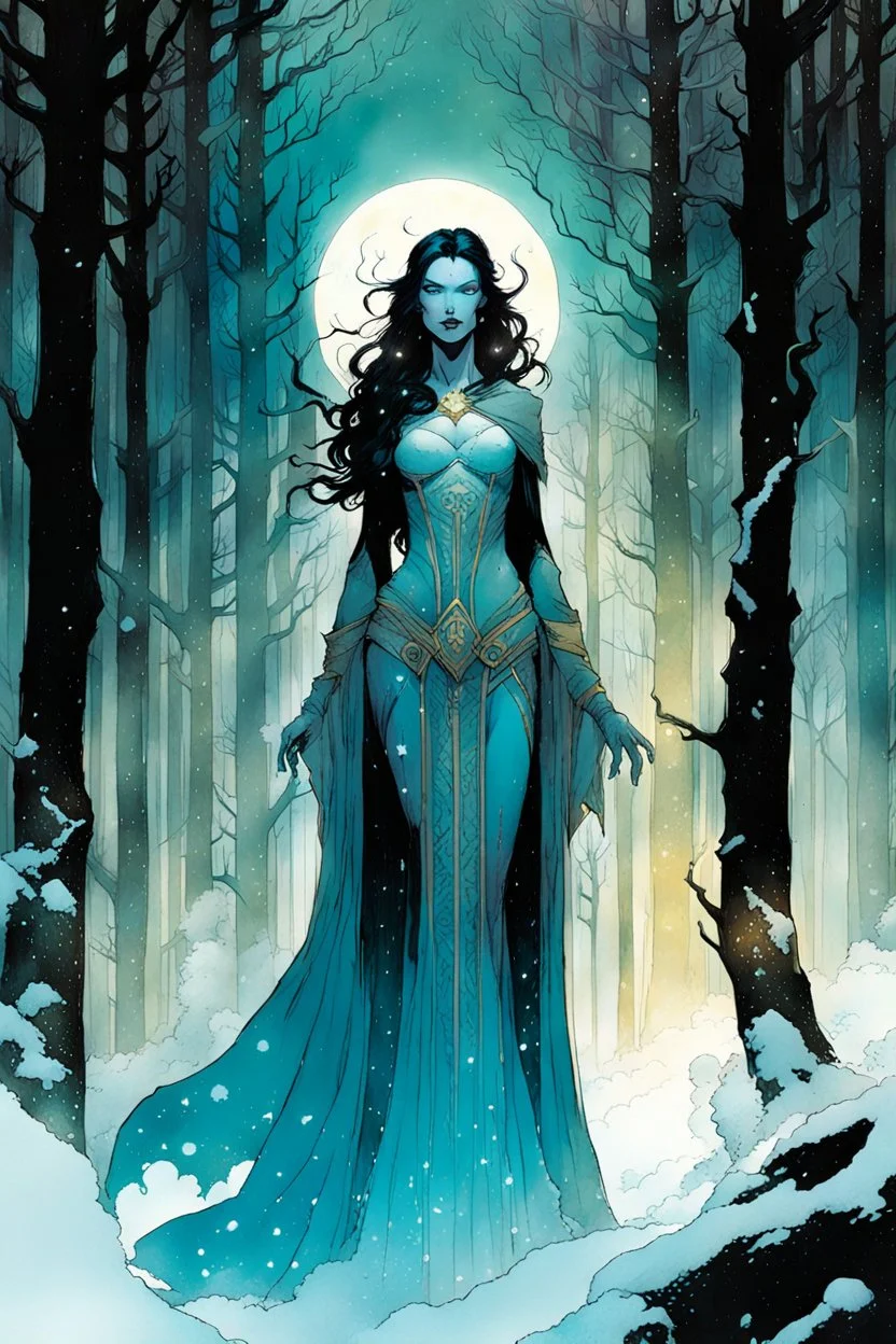 create a wildly conceptual full body portrait illustration of sorceress with highly detailed feminine facial features, in an ethereal, otherworldly , darkened, ancient winter forest , in the comic book art style of Bill Sienkiewicz, Mike Mignola, Sparth, and Jean Giraud Moebius, finely drawn, colored and inked, suffused with dramatic natural light and shadow under a midnight blue moon