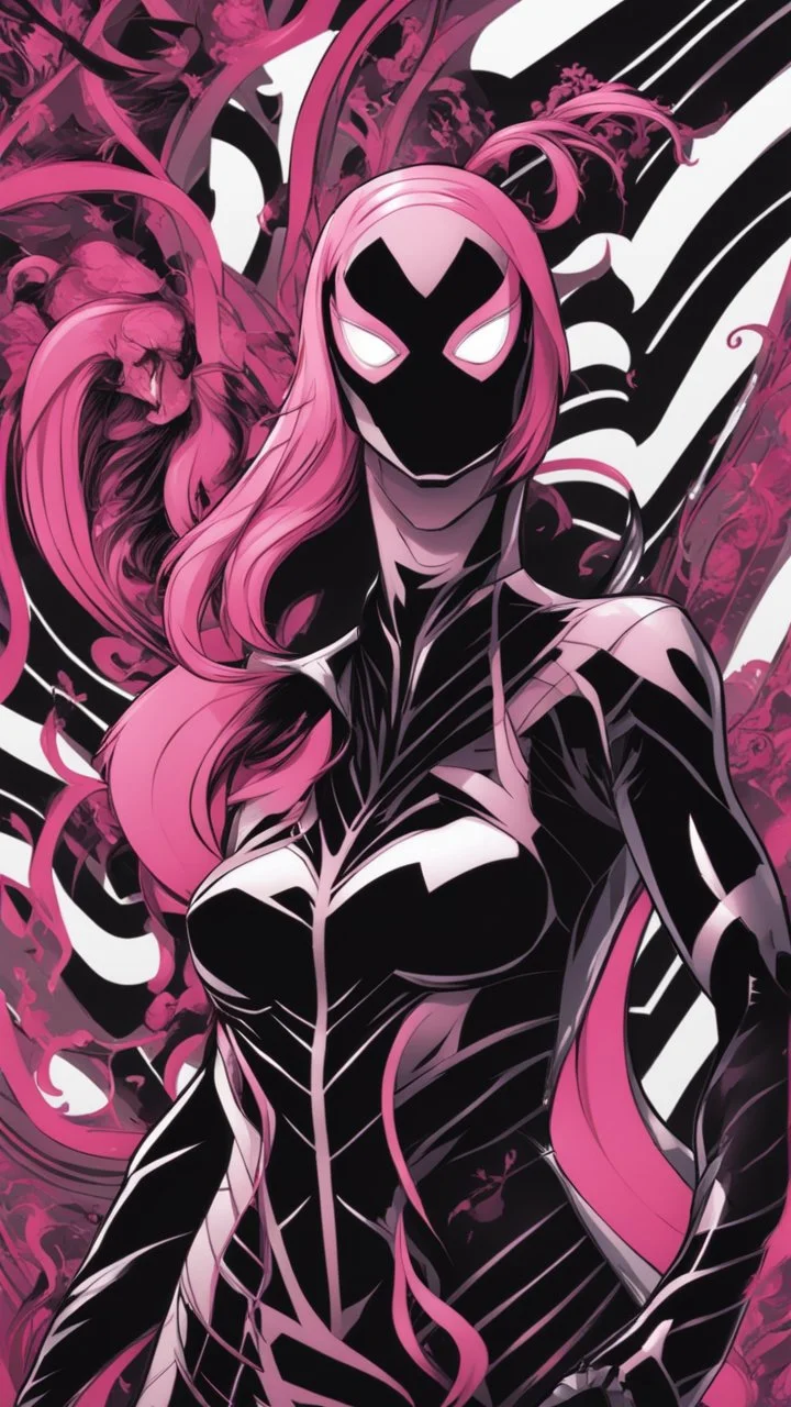 A close picture to Mix between gwenpool and symbiote, symbiote venom in background, pink and black custom, intricate details, highly detailedin in solo leveling shadow art style