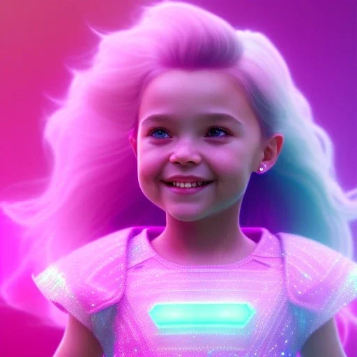 A portrait of a crystalised little girl,smiling, longs hairs, atmospheric, realistic,, cinematic lighting, octane render,, pink turquoise light