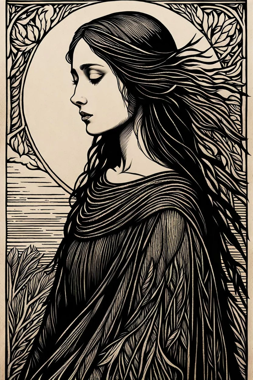 create a deeply powerful tragic, heart wrenching, and evocative, woodcut of a raw and weathered raven maiden girl with highly detailed and deeply cut facial features, in the style of EDWARD BURNE-JONES, and KATHE KOLLWITZ , searing lines and forceful strokes