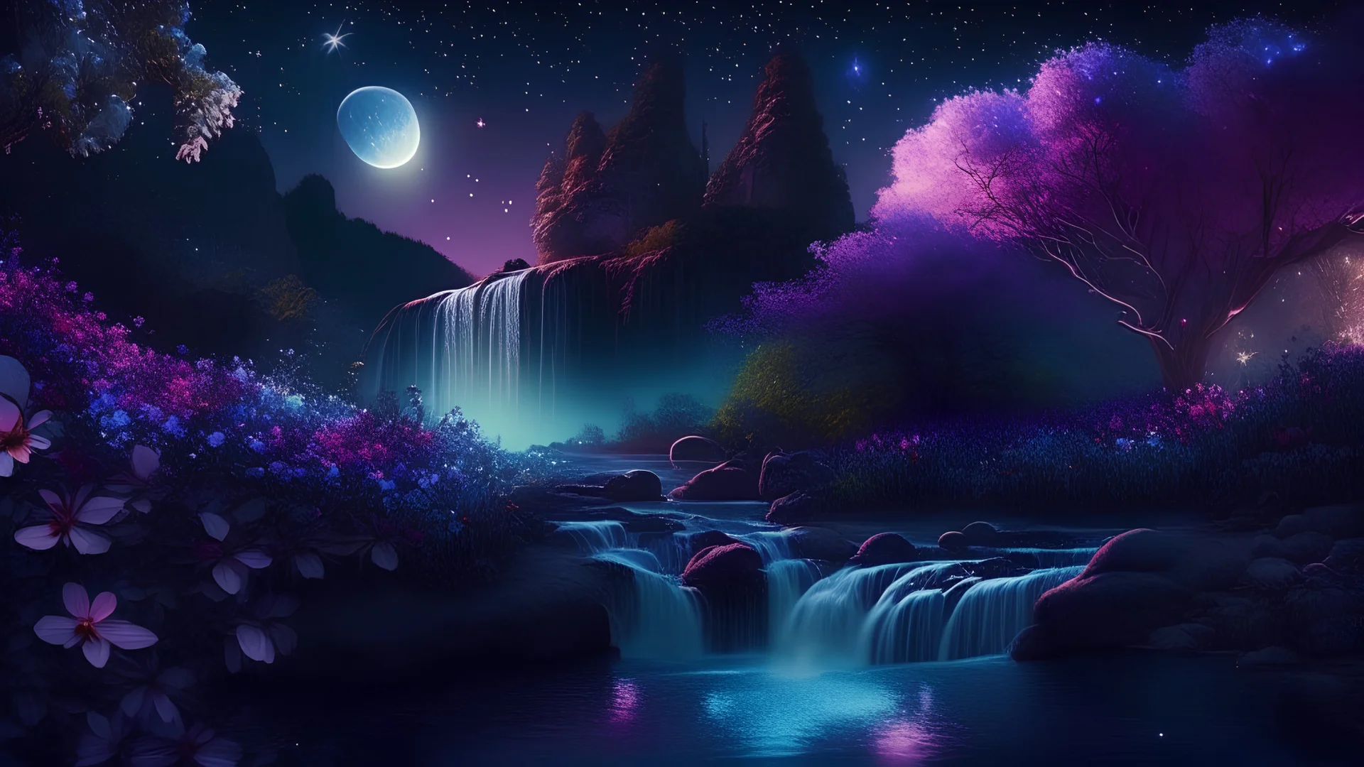 beautiful land in space,night lights,flowers,river,waterfall,trees