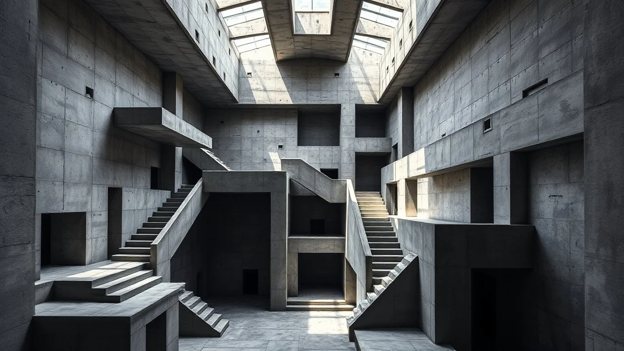 A stark, brutalist interior space constructed entirely of concrete. The composition is a complex interplay of geometric forms, with sharp angles and flat surfaces dominating the scene. Multiple levels and platforms are interconnected by staircases and walkways, creating a labyrinthine effect. Skylights and openings in the ceiling cast dramatic shafts of light and shadow, emphasizing the texture and monolithic nature of the concrete. Several doorways, recessed into the walls, lead to dark, undefi