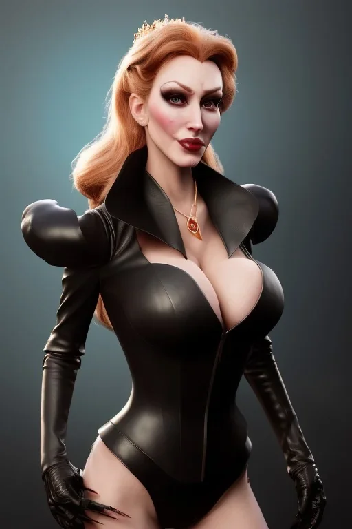 Brandi Love as evil queen in black leather, leather, busty, cleavage, angry, stern look. character design by cory loftis, fenghua zhong, ryohei hase, ismail inceoglu and ruan jia. unreal engine 5, artistic lighting, highly detailed, photorealistic, fantasy