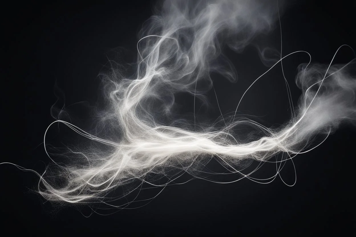 dark background. from the bottom right is a billowing white smoke spiraling into smaller strings across the composition, electricity and a spray of metal sparks. energetic motion effect.