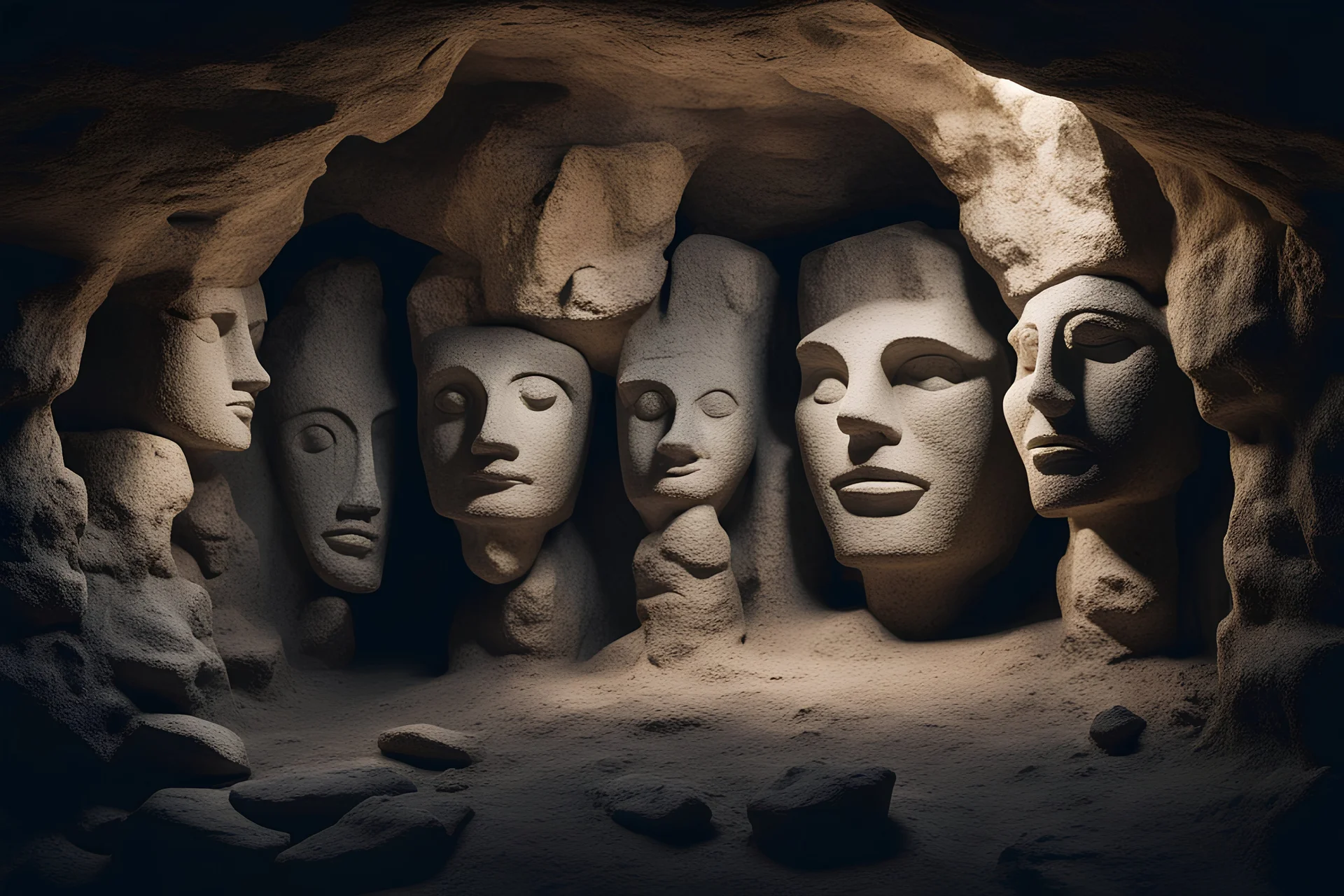 several stone faces look from the depth of a cave, shadows intriguing magical