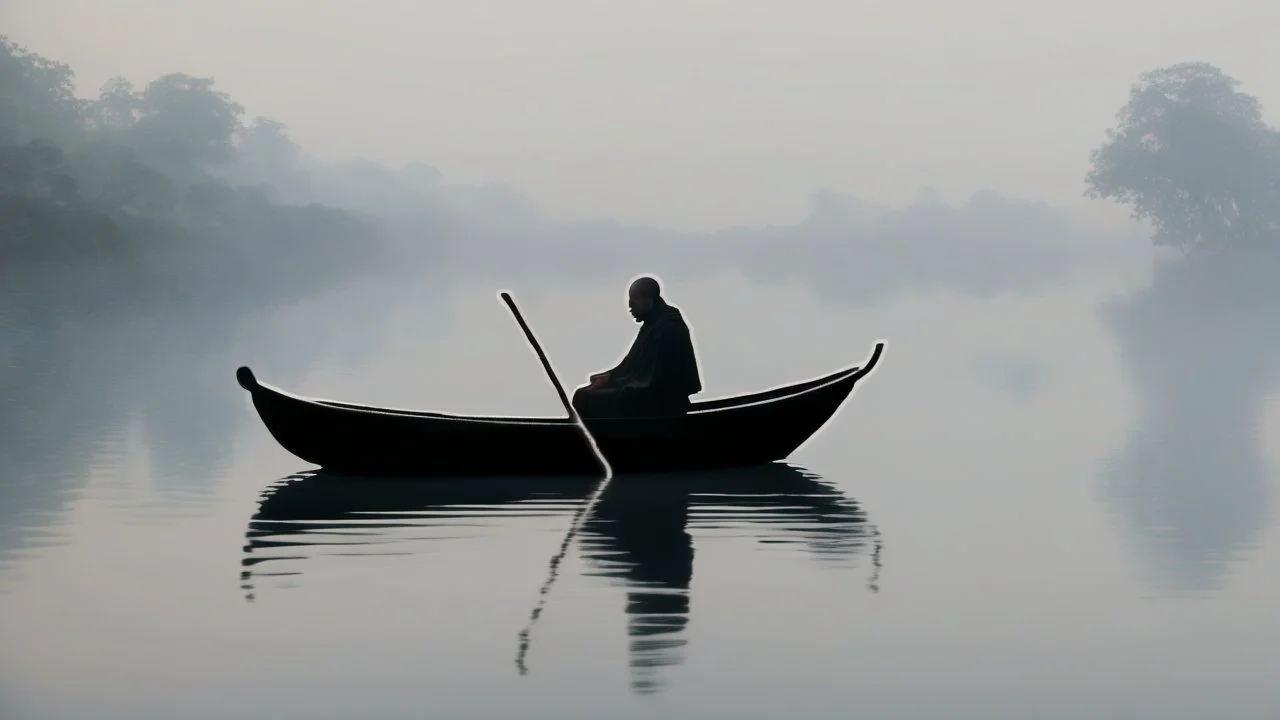 black robed monk in a small boat on quiet water in the mist