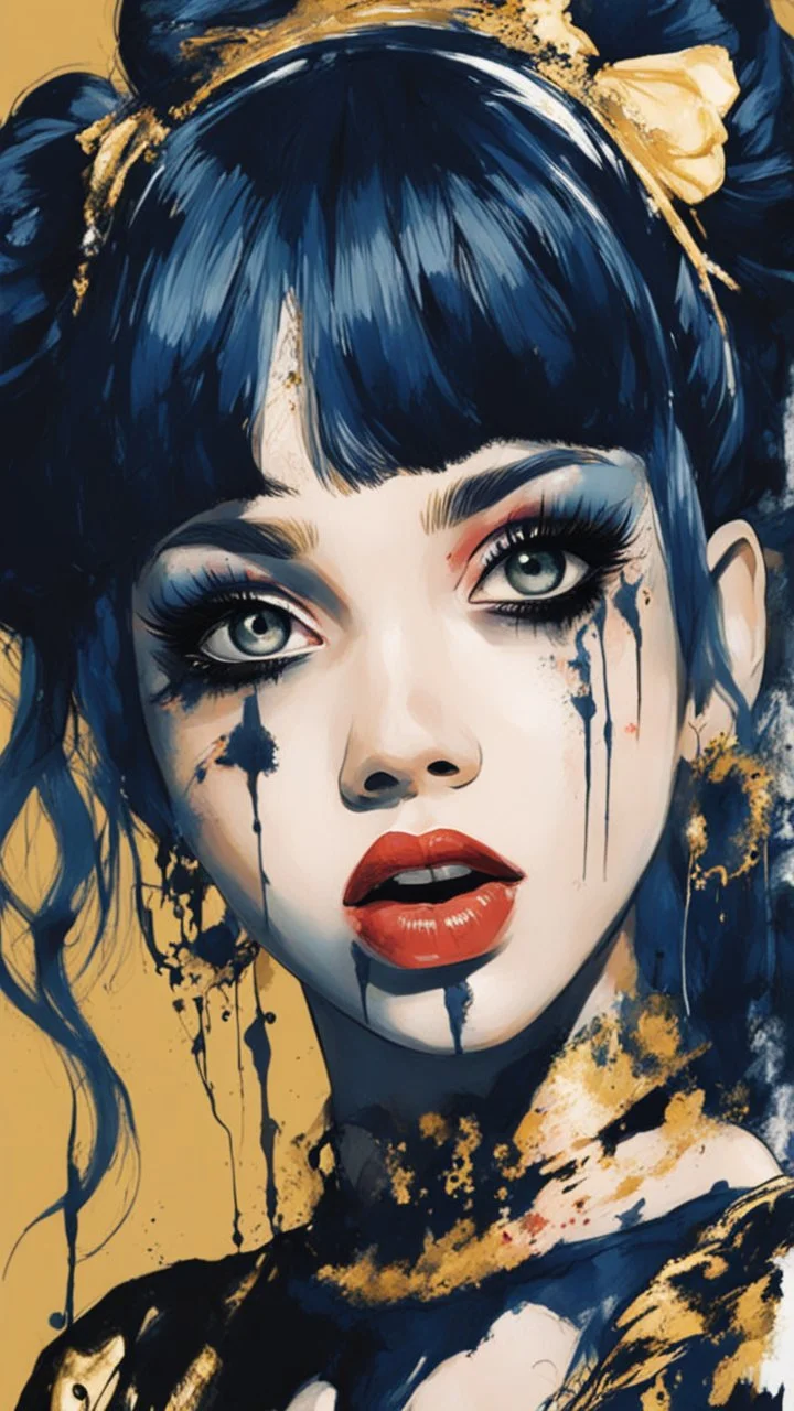 Poster in two gradually, a one side malevolent goth vampire girl face and other side the Singer Melanie Martinez face, painting by Yoji Shinkawa, darkblue and gold tones,