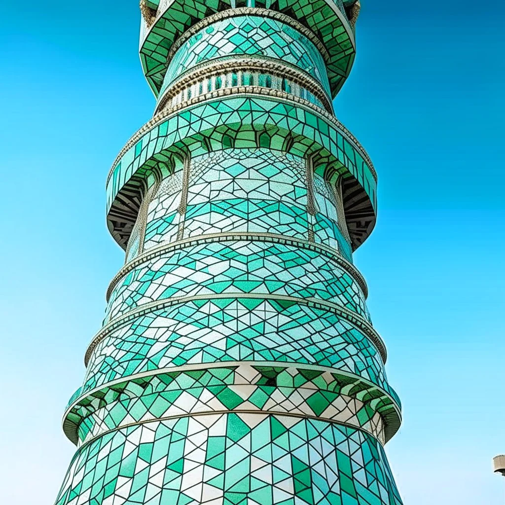 A mint color tower on an airship designed in Roman mosaics painted by MC Escher