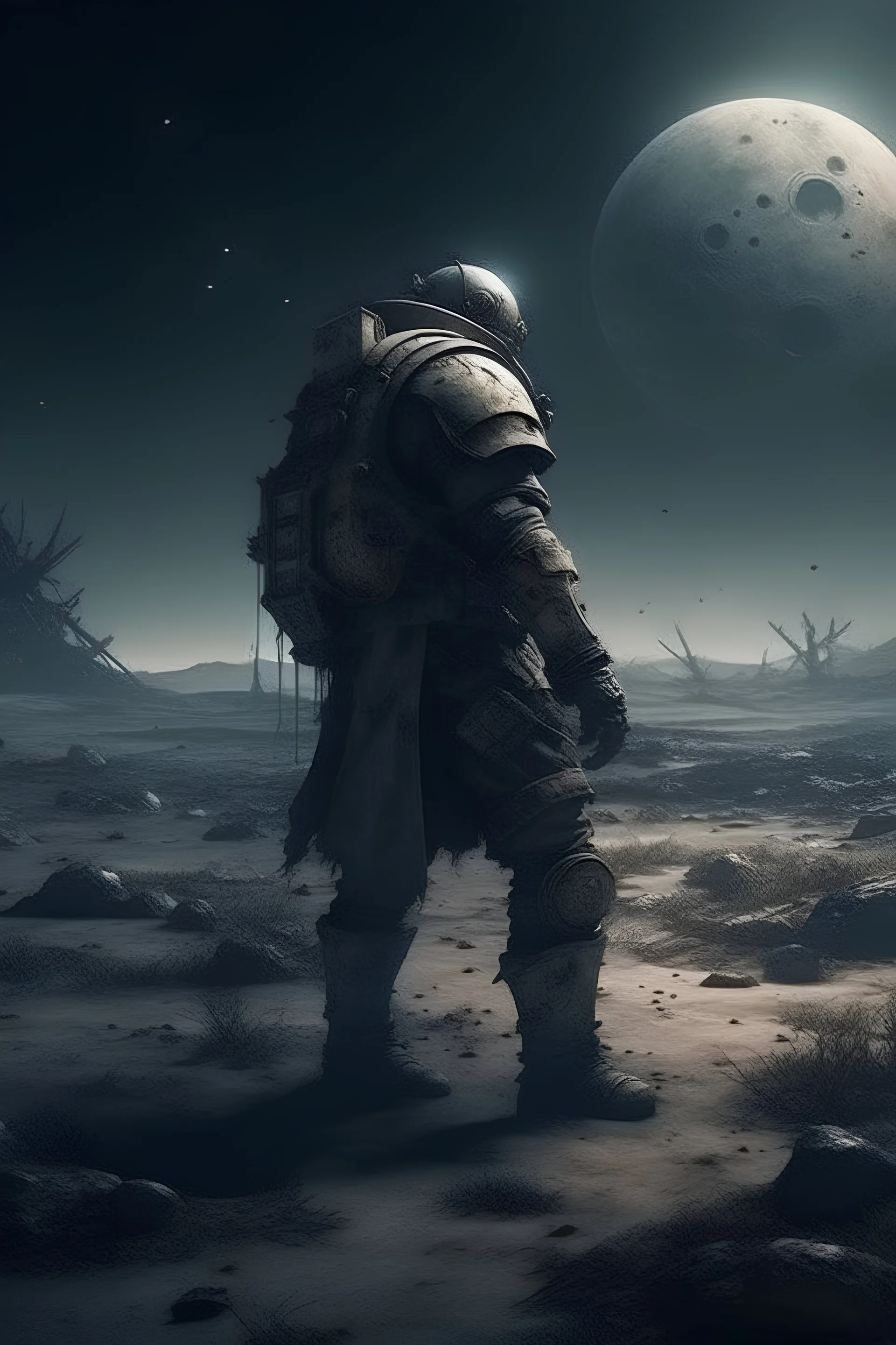 huge soldier in a middle of a battlefield with a broken moon, cinematic