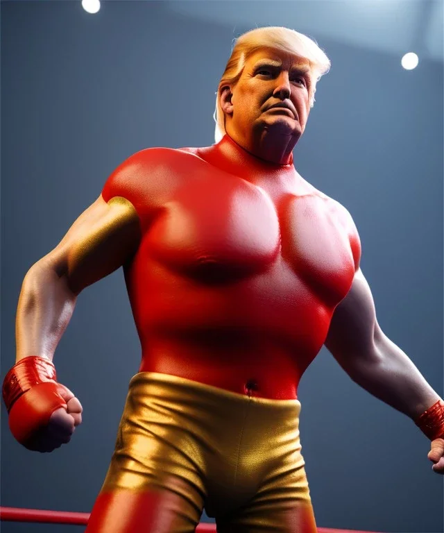 Donald trump wrestling fighter, naked torso, color breeches, suspenders, retro style, 80s, hot ambient, photo studio, red, gold, vibrant color, gradient, highly detailed, art stations, concept art, smooth, unreal engine 5, god rays, ray tracing, RTX, lumen lighting, ultra detail, volumetric lighting, 3d, finely drawn, high definition, high resolution.