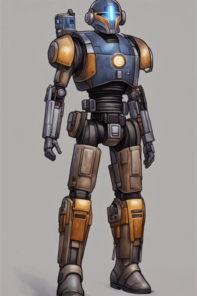 A Star Wars Combat Droid, Wearing Western Cowboy Clothes, Armor looks similar to Halo, Wearing a cowboy hat and a cowboy over coat.