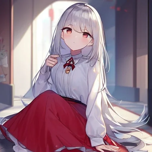 Clear focus, High resolution, Rough line, cute, cartoon style, white long hair, spiky hair, wearing a white long sleeve skirt, wearing a red skirt and a white line, red lines on shirt, puffy sleeves on the top, teenager, 1girl (solo), wearing a short skirt, sitting