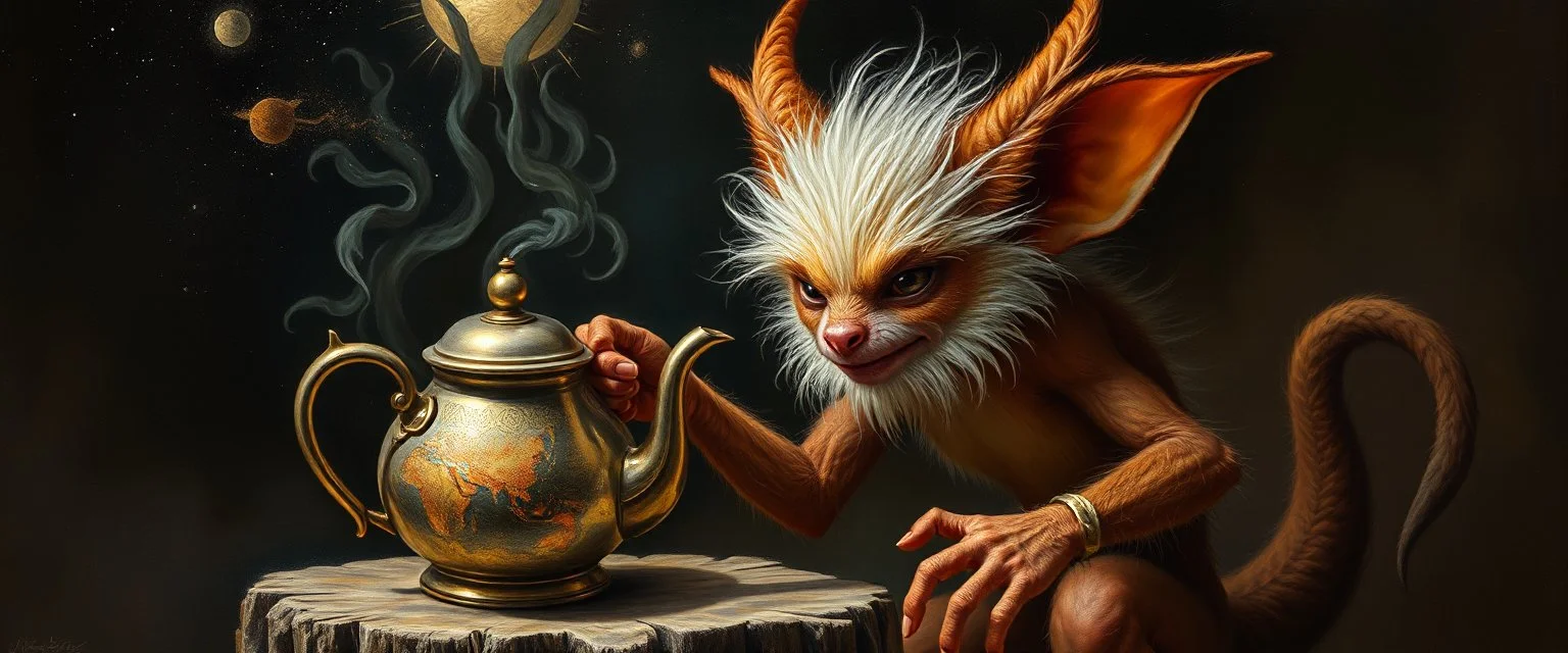 fuzz sponge tube gremlin fox demon in the astral realm with a tea kettle, painted by Rembrandt