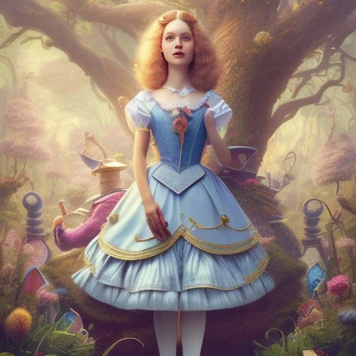 whole portrait of "Alice in the wonderland",Award-winning, detailed eyes, Realistic lighting, cinematic lighting, octane render, 8k ,elegant,smiling, by Chie Yoshii and disney background Olivetrees in style of salvatore Dali