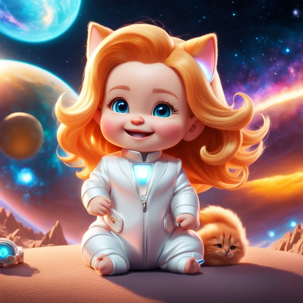 (masterpiece, best quality, 8k, RAW photo, beautiful and aesthetic:1.2), complex detail, Indirect light, photorealistic, (((full body))), Cosmic Boss Baby style smiling, long curved clear hair , with a ginger cat companion, colorfull Sci-Fi environment