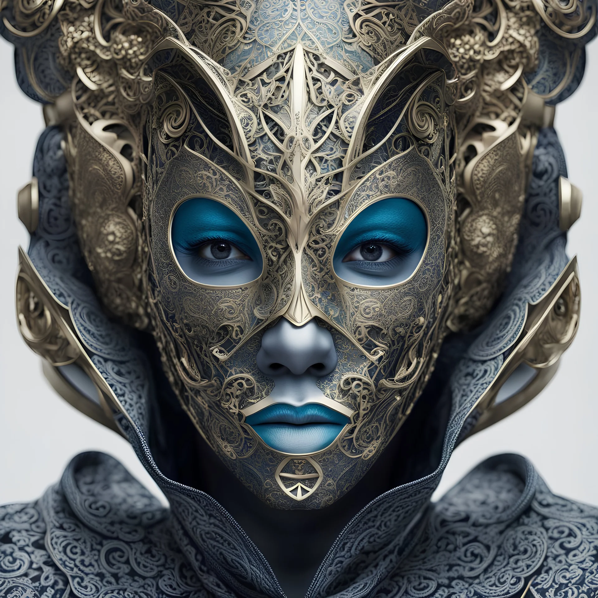 Close-up portrait of a person wearing an ornate mask with a blank stare, inspired by Candido Bido. The mask features intricate patterns representing afrofuturism. The character is depicted in a photomanipulation style, with a menacing look in their eyes. The artwork is a fully body portrait, showcasing the unique patchwork design of the character's clothing. The overall tone is surreal and captivating, reminiscent of robot photography. The artist's skill and attention to detail are evident in th