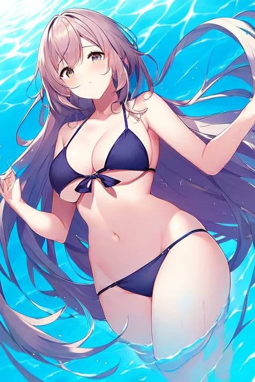 an anime waifu at the beach in a bikini swimming